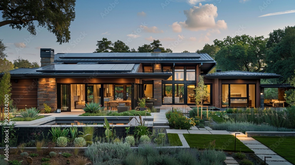 Modern Luxury Home with Pool and Lush Landscaping at Sunset Modern Luxury Home with Pool and Lush Landscaping at Sunset