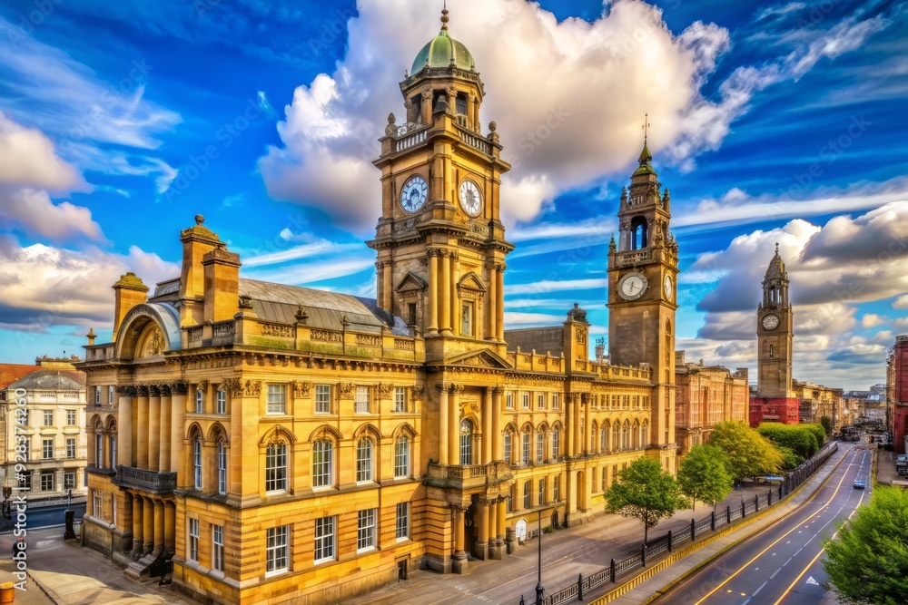 Fototapeta premium Historic Victoria Gallery and Museum building's clock tower stands proudly on Brownlow Hill, showcasing stunning Victorian-era architecture in Liverpool, United Kingdom on a sunny day.