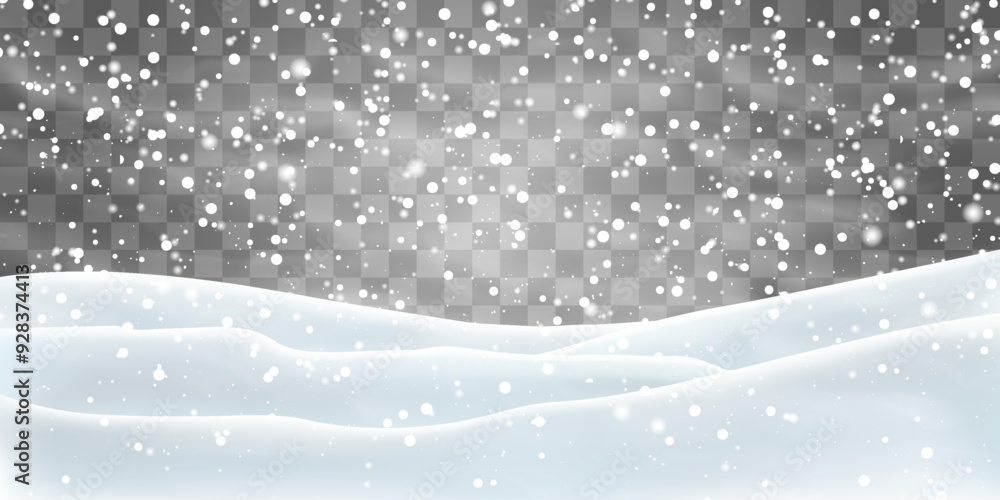 Vector heavy snowfall with snowbanks field. Christmas vector illustration. Snow flakes, snow and blizzard falling on snowdrifts. Snow landscape decoration, frozen hills isolated on png background Vector heavy snowfall with snowbanks field. Christmas vector illustration. Snow flakes, snow and blizzard falling on snowdrifts. Snow landscape decoration, frozen hills isolated on png background