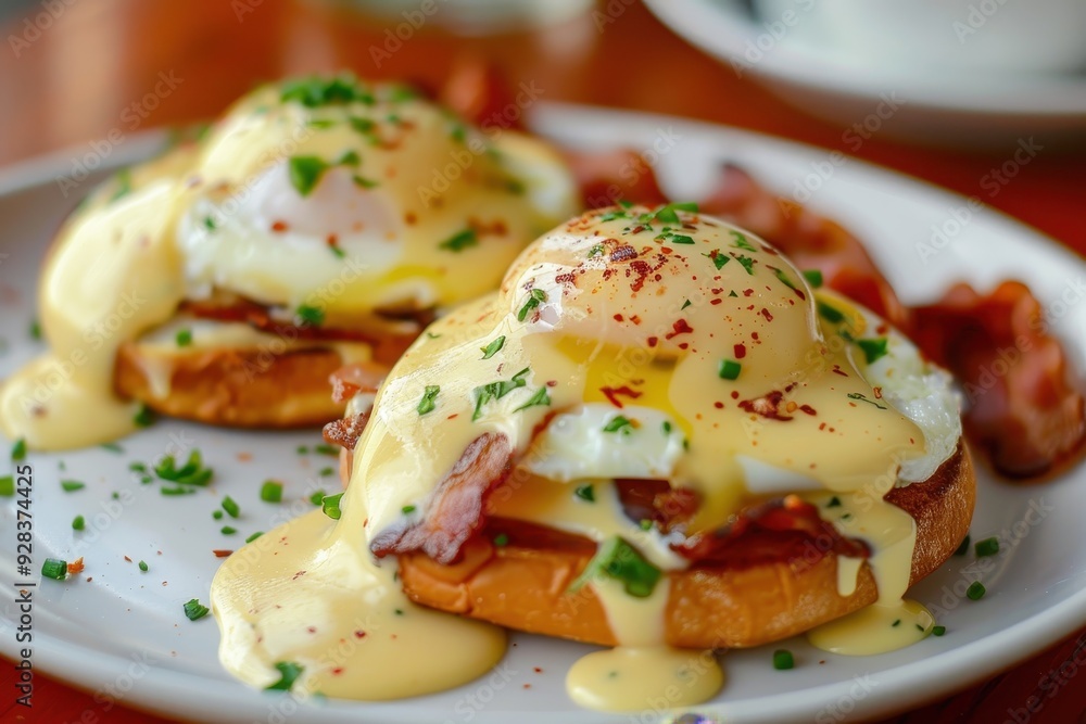 Delicious eggs Benedict with hollandaise and bacon Delicious eggs Benedict with hollandaise and bacon