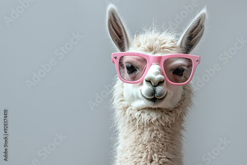 Portrait of alpaca in pink sunglasses on gray background close-up.