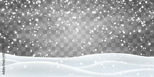 Vector heavy snowfall with snowbanks field. Christmas vector illustration. Snow flakes, snow and blizzard falling on snowdrifts. Snow landscape decoration, frozen hills isolated on png background
