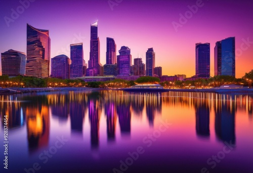 vibrant city skyline dusk shimmering reflections water creating captivating urban landscape, architecture, buildings, cityscape, coast, evening, glow, lights