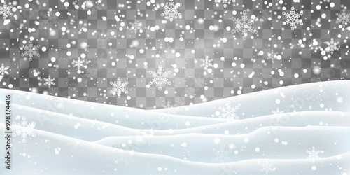 Vector heavy snowfall with snowbanks field. Christmas vector illustration. Snow flakes, snow and blizzard falling on snowdrifts. Snow landscape decoration, frozen hills isolated on png background