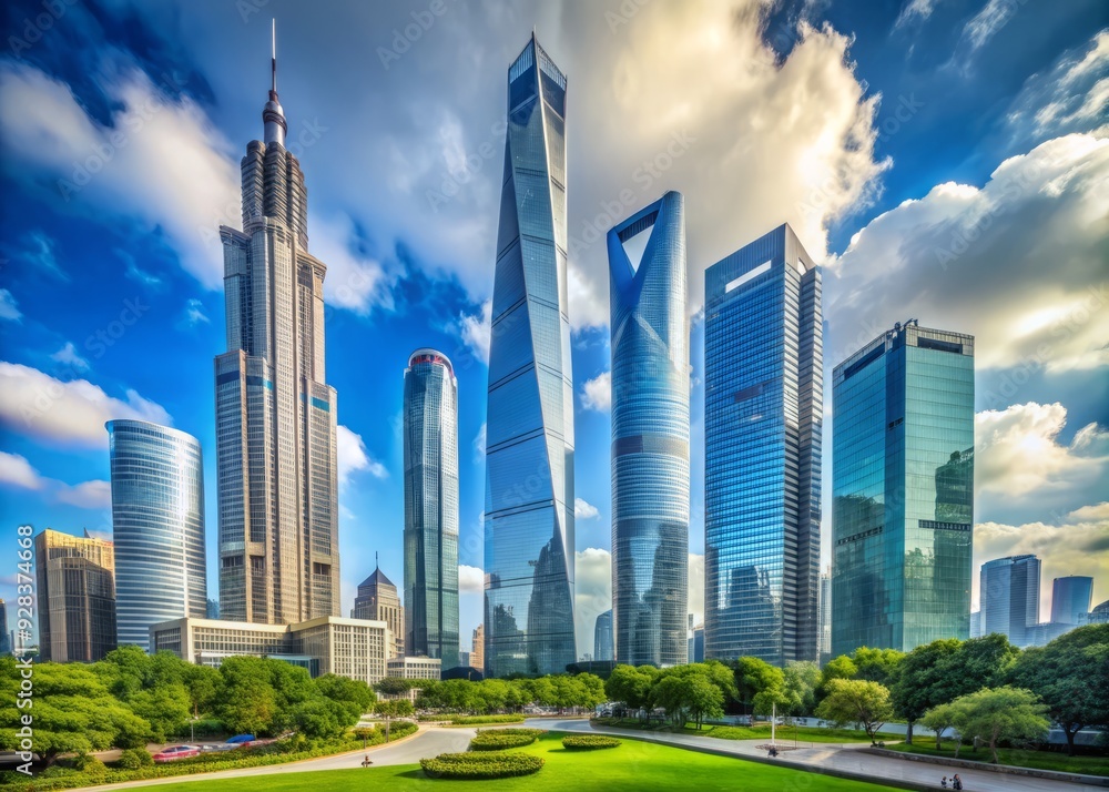 Obraz premium Impressive skyscraper in Shanghai's Lujiazui Financial District features a prominent signage of a renowned multinational banking and financial services corporation.