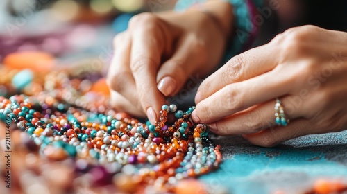 Close-up of hands crafting a delicate beaded bracelet, tiny beads being threaded into a beautiful pattern, bright and organized workspace