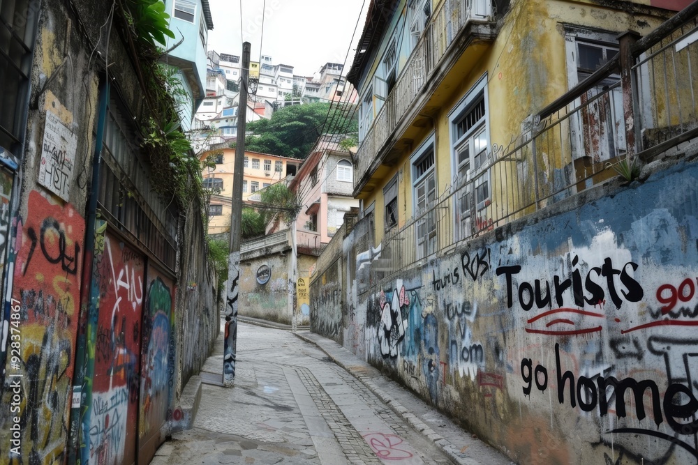 Naklejka premium Colorful Graffiti with Tourist Message on Weathered Street Wall