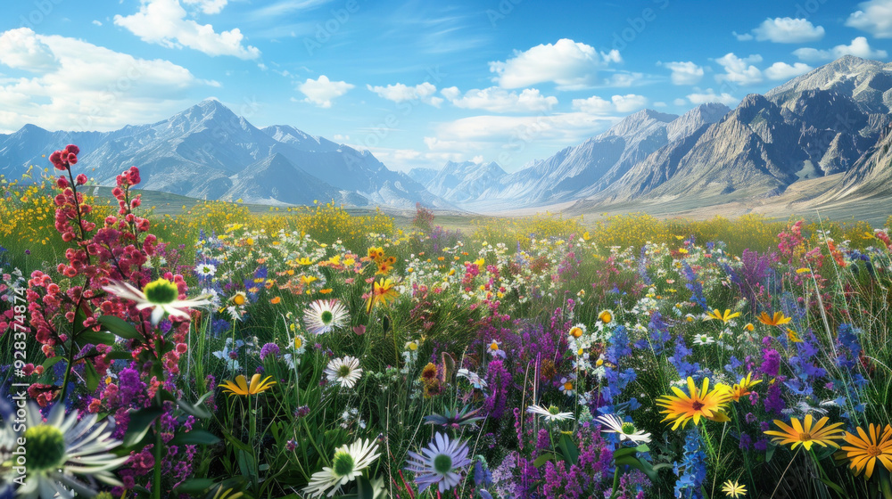 Obraz premium A field of various flowers surrounded by mountains as a backdrop.