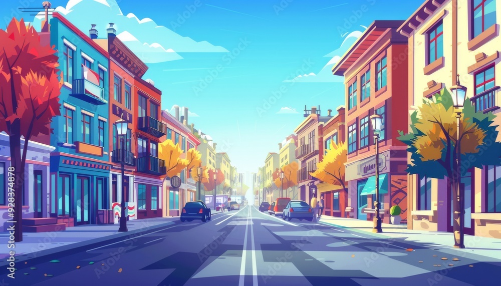 Vibrant city street scene. Sunny day in the city. Colorful city street view. Cartoon 2d cityscape illustration background. Vibrant city street scene. Sunny day in the city. Colorful city street view. Cartoon 2d cityscape illustration background.