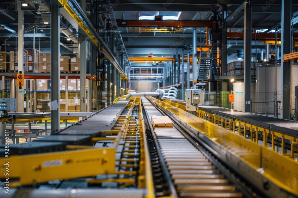 Modern warehouse distribution center with conveyor belt system Modern warehouse distribution center with conveyor belt system