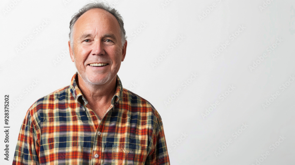 A middle-aged man in a plaid shirt stands smiling and looking at the camera against a white background A middle-aged man in a plaid shirt stands smiling and looking at the camera against a white background