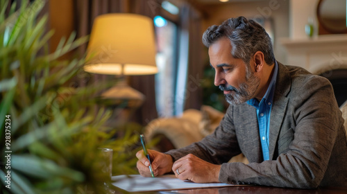 A middle-aged man signs a lease with a real estate agent while looking at apartments.