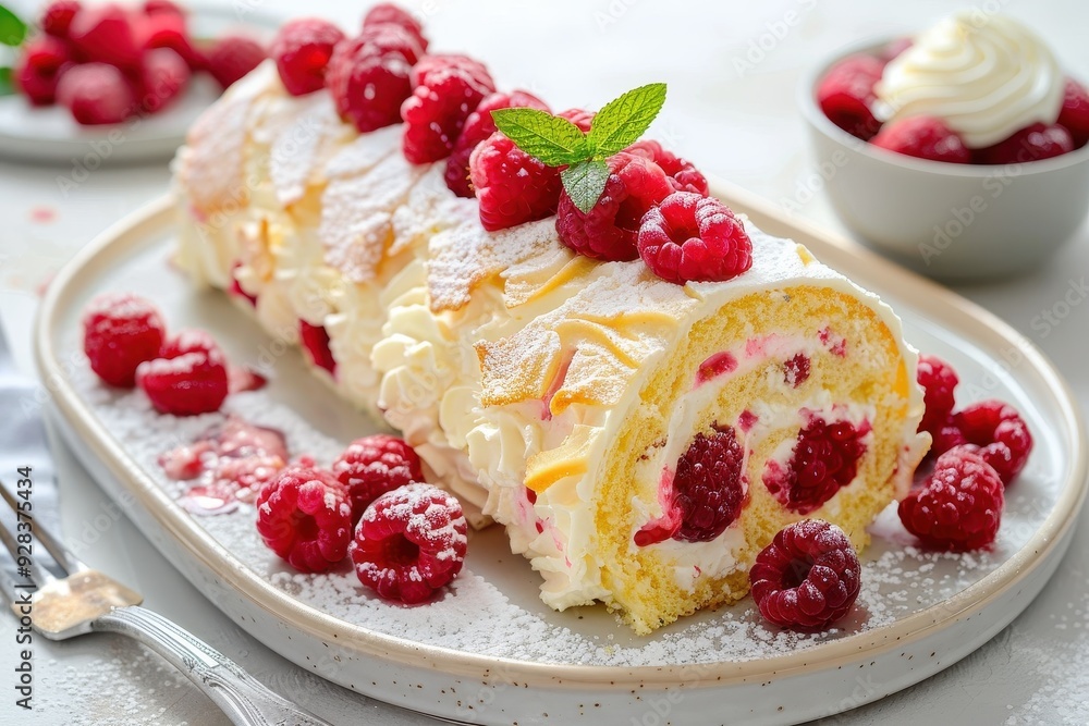 Delicious Swiss roll with cream cheese and fresh raspberries Delicious Swiss roll with cream cheese and fresh raspberries