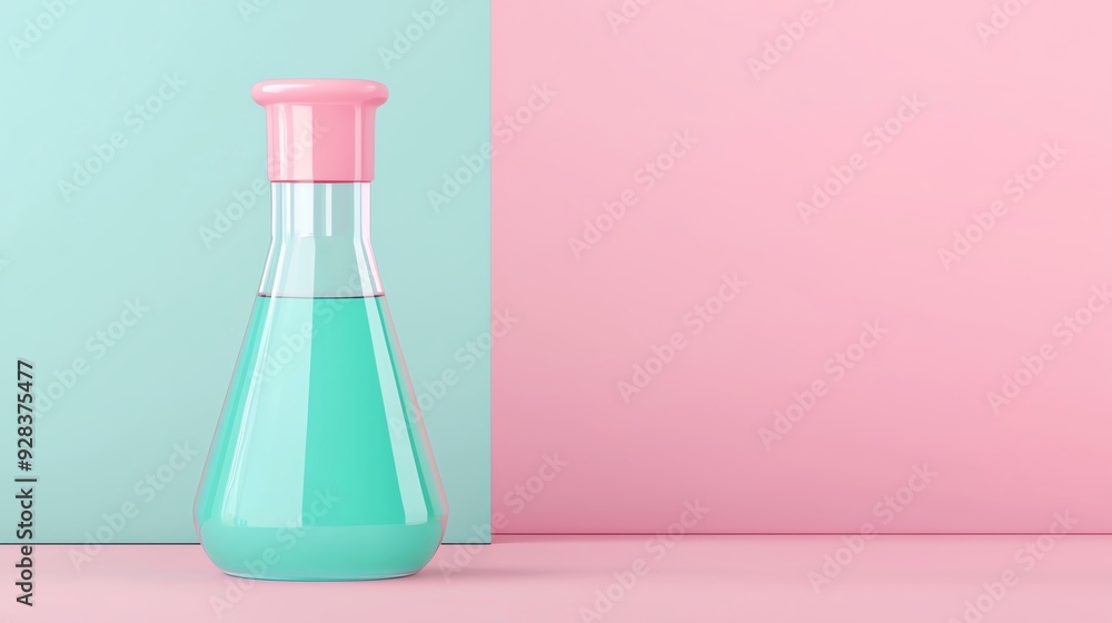 A vibrant laboratory flask filled with a minty liquid, set against a pastel pink and teal background, idea for scientific themes. A vibrant laboratory flask filled with a minty liquid, set against a pastel pink and teal background, idea for scientific themes.