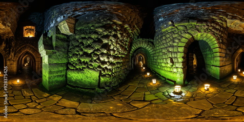 Full 360 degrees seamless spherical panorama HDRI equirectangular projection of vast, damp, ancient dungeon corridors. Texture environment map for lighting and reflection source rendering 3d scenes.	

