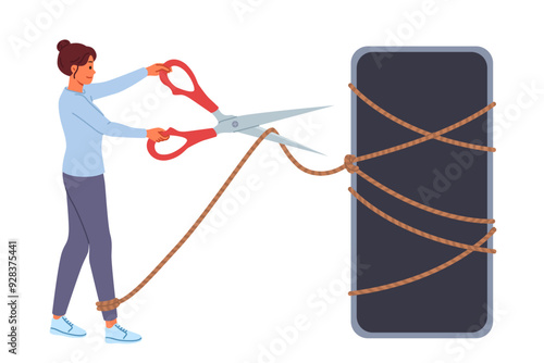 Digital detox is done by woman with mobile phone, cutting rope with scissors to get rid of addiction. Importance of digital detox in modern life to combat attachment to gadgets and social networks