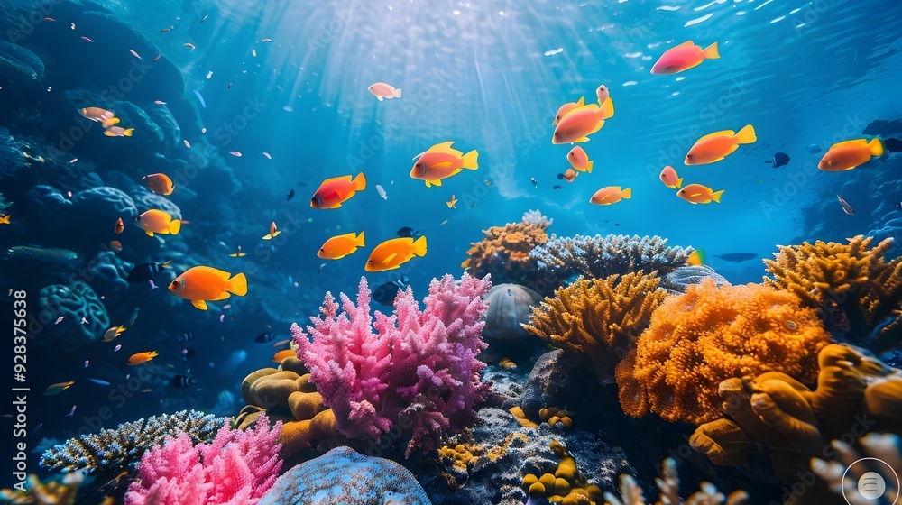 Fototapeta premium Vibrant Coral Reef Teeming with Diverse Aquatic Life in Clear Blue Ocean Waters