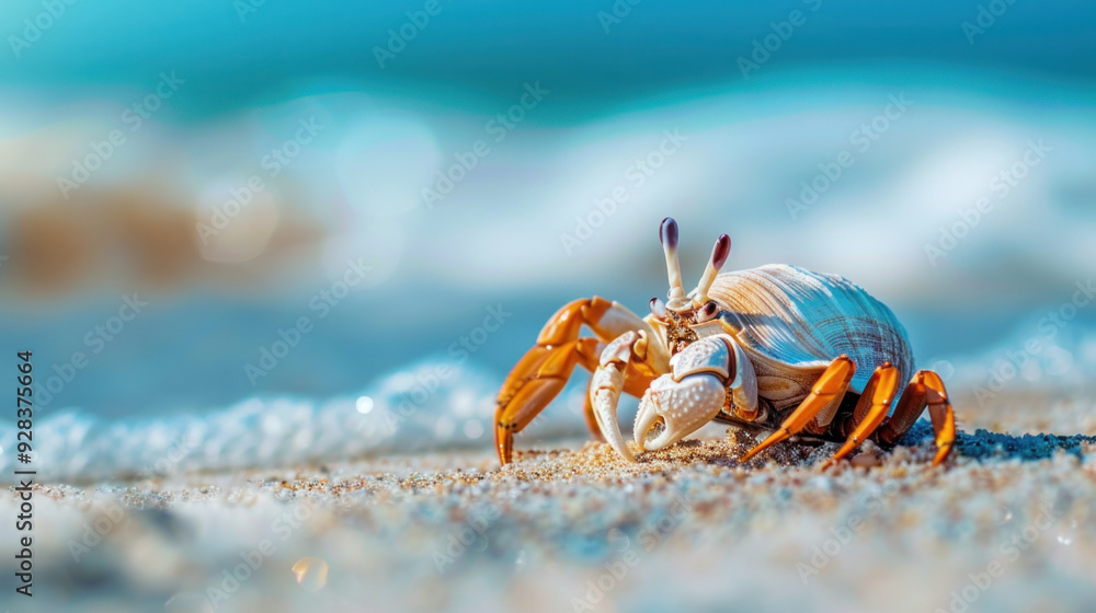 Close-up photo of a hermit crab on the sand and blue sea., Close-up photo of a hermit crab on the sand and blue sea.,