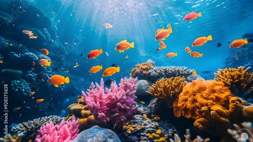 Vibrant Coral Reef Teeming with Diverse Aquatic Life in Clear Blue Ocean Waters