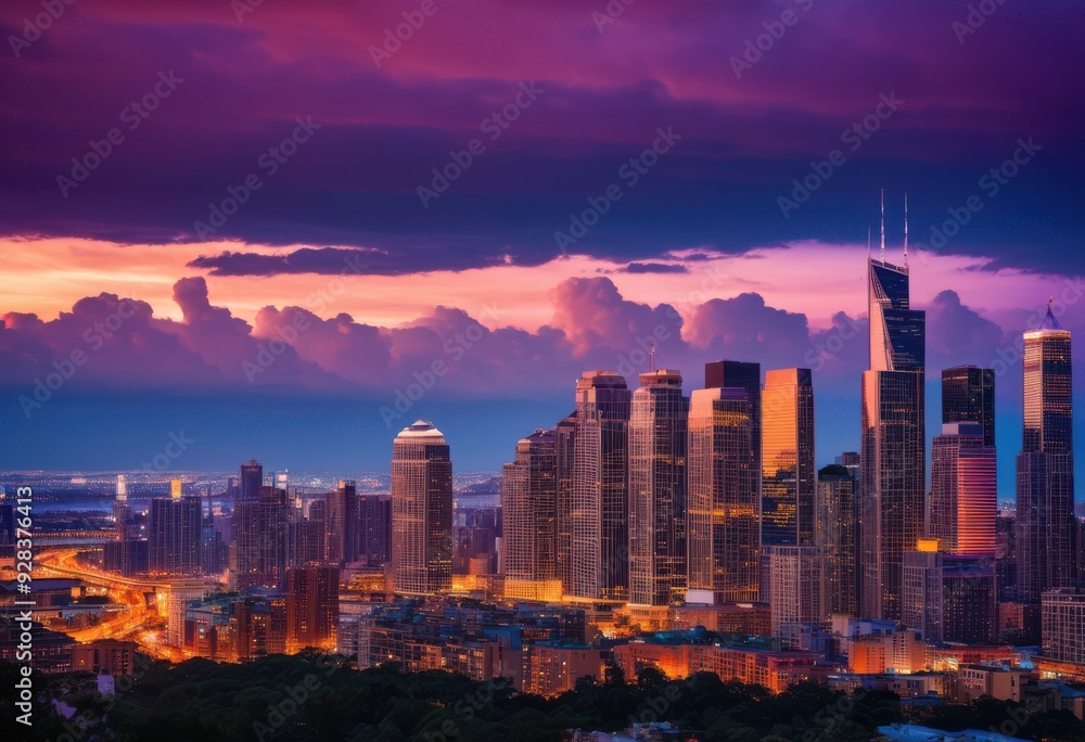 Obraz premium vibrant city skyline dusk showcasing bold colors glowing lights beautiful evening sky, urban, architecture, buildings, horizon, sunset, illumination, landscape