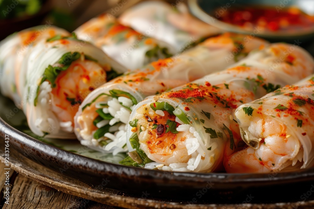 Detailed view of Vietnamese rice rolls with chicken prawns and sauce Detailed view of Vietnamese rice rolls with chicken prawns and sauce