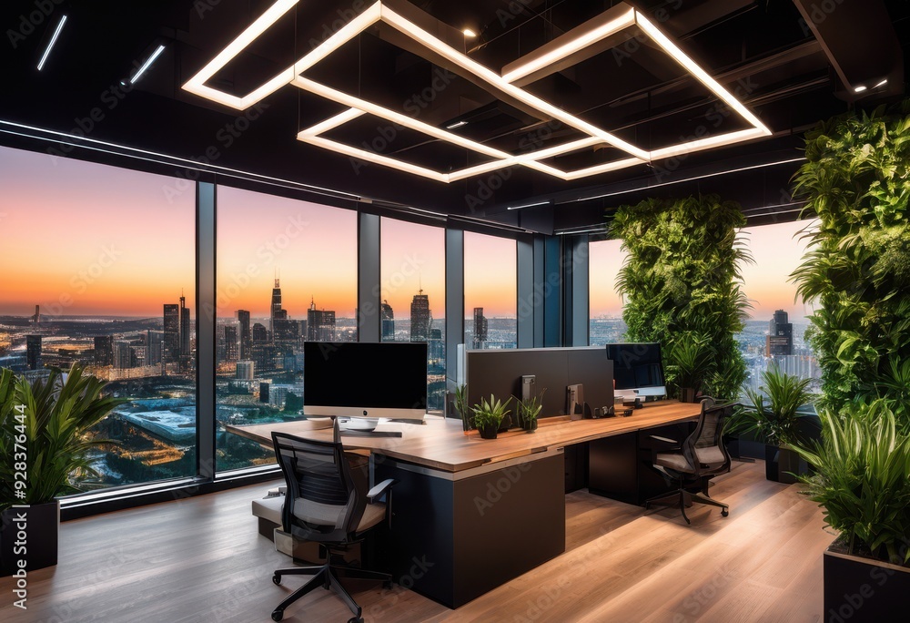 Fototapeta premium stunning dynamic views modern office layout captured during showcasing innovative design elegant lighting, architecture, workspace, furniture, windows, glass