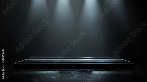 A sleek, modern podium with a glass surface and elegant lighting, set against a dark background