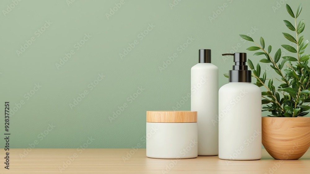 Elegant display of natural skincare products and greenery on a wooden surface against a soft green background. Elegant display of natural skincare products and greenery on a wooden surface against a soft green background.
