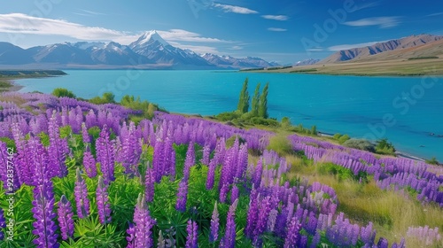 A beautiful field of purple flowers with a blue lake in the background