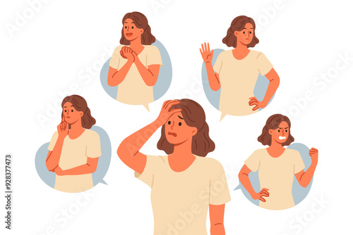 Woman with negative emotions shows different grimaces symbolizing resentment and disgust or hatred. Surprised and thoughtful lady feels negative, due to bad combination of life circumstances