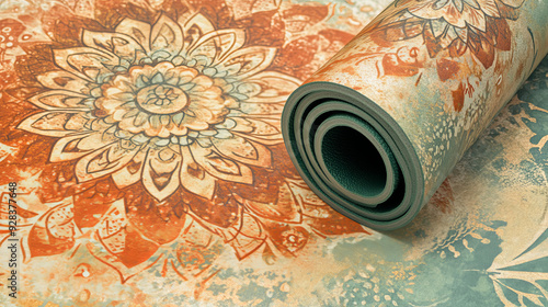 Closeup of a boho yoga mat with an intricate mandala pattern in soft, earthy tones of terracotta, sage green, and beige, with a touch of gold accents, second rolled mat shows texture with copy space photo