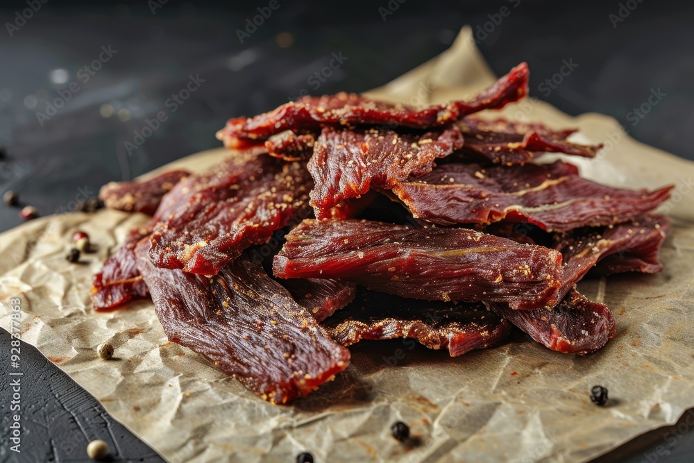 Dried meat pieces on cutting board with black background Dried meat pieces on cutting board with black background