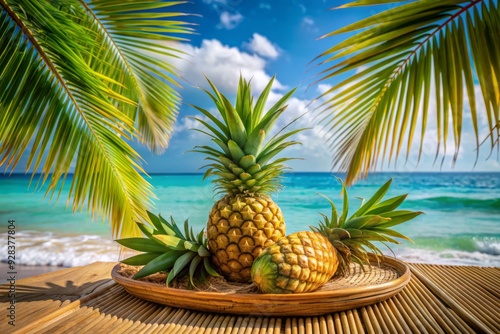 sun-drenched tropical paradise with pineapple tidbits arranged on woven rattan plate against turquoise ocean waves and swaying palm tree fronds in warm breeze