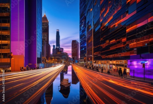 vibrant city skyline dusk illuminated bright lights creating stunning urban landscape, buildings, architecture, night, illumination, horizon, colors