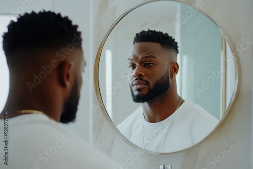 black Man looking at his self in the mirror. fresh cut hair and hairline, bearded men, with copy space