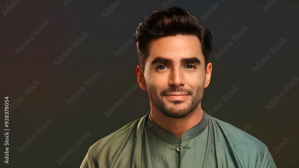 Fototapeta premium portrait of a young man in a green casual shirt, looking confident and approachable, isolated on a plain background