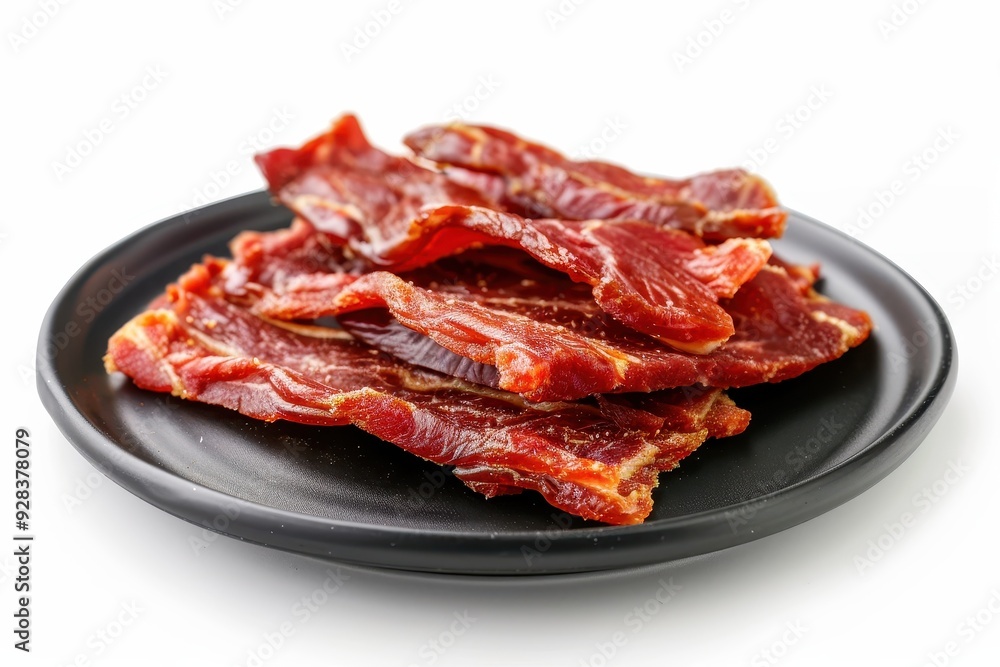 Dried meat slices on black plate dehydrated beef and pork beer snacks dog treats white background Dried meat slices on black plate dehydrated beef and pork beer snacks dog treats white background