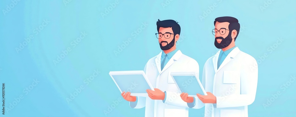 Two researchers in lab coats reviewing data on tablets against a light blue background, symbolizing teamwork in science. Two researchers in lab coats reviewing data on tablets against a light blue background, symbolizing teamwork in science.