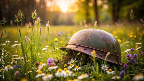 Rustic still life of abandoned war helmet amidst blooming wildflowers, earthy tones, shallow depth of field, nostalgic feel, highlighting fleeting nature of war photo