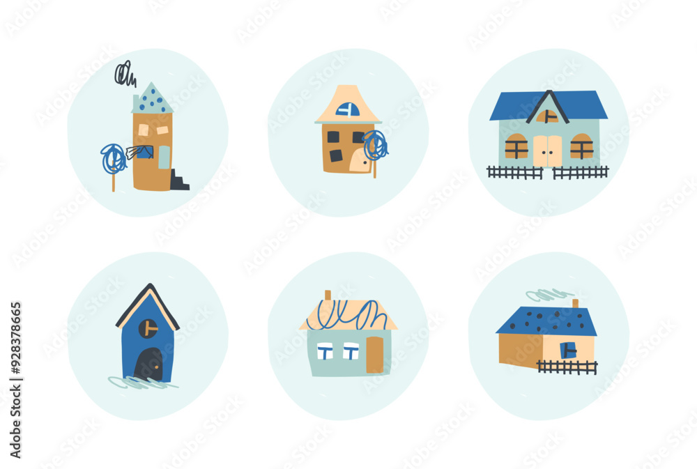 set of cute houses, rural objects clip art. Cute hand drawn doodle village houses, homes, buildings, architecture. Items, icons in children style for kids. Different types of houses set of cute houses, rural objects clip art. Cute hand drawn doodle village houses, homes, buildings, architecture. Items, icons in children style for kids. Different types of houses