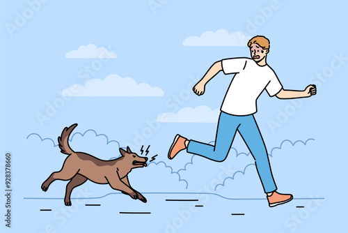Man runs away from angry barking dog infected with rabies and lunging at passers-by. Dog chases cowardly guy because of intrusion into chat territory or bad attitude towards animals