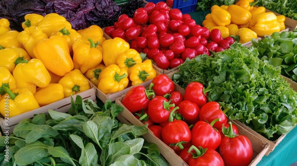A variety of colorful bell peppers, tomatoes, and leafy greens at a farmers' market A variety of colorful bell peppers, tomatoes, and leafy greens at a farmers' market