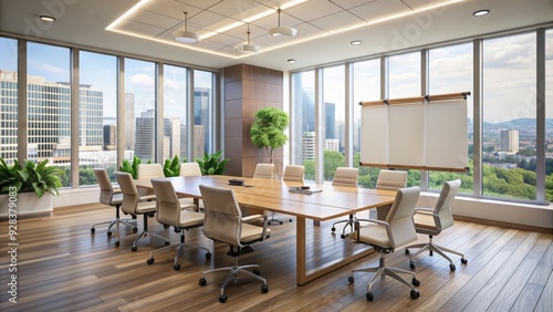 Modern empty training room with whiteboard, conference table, and ergonomic chairs, surrounded by floor-to-ceiling windows and neutral-toned walls, awaiting educational sessions.