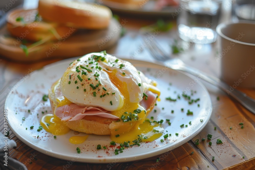 Egg benedict sandwiches on white plate with poached egg ham on table at restaurant Egg benedict sandwiches on white plate with poached egg ham on table at restaurant