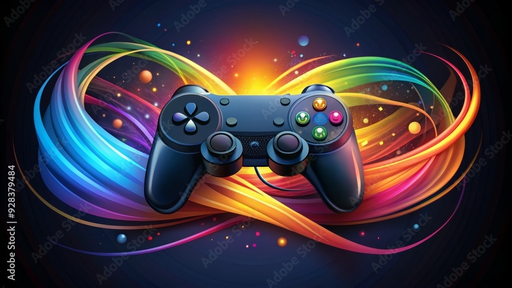 Obraz premium Modern minimalist illustration of a black gaming controller with vibrant colorful vectors swirling around it, symbolizing digital gaming excitement and futuristic technology.