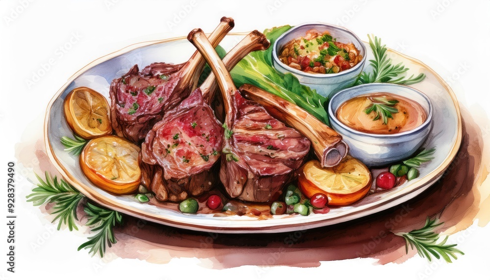 Delicious gourmet lamb chops served with sides of vegetables and sauces, ideal for fine dining or culinary presentations. Delicious gourmet lamb chops served with sides of vegetables and sauces, ideal for fine dining or culinary presentations.
