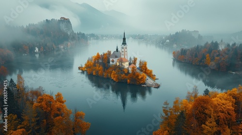 A beautiful lake with a small island in the middle surrounded by trees