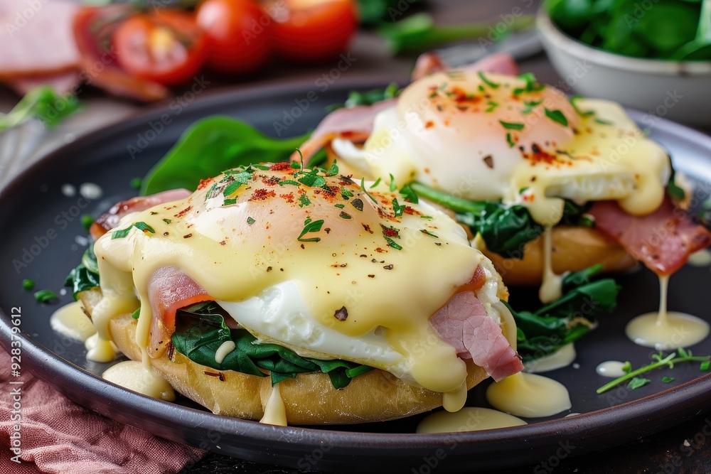 Egg Benedict with ham spinach and hollandaise sauce Egg Benedict with ham spinach hollandaise Egg Benedict with ham spinach and hollandaise sauce Egg Benedict with ham spinach hollandaise
