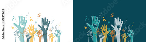 Set of banners with raised hands. Volunteering, teamwork concert.	