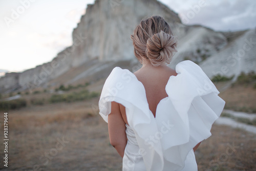 Back view of a  woman plus size dressed in a dress walking against the background of a white mountain. Beautiful girl with a long hair developing in the wind travels
